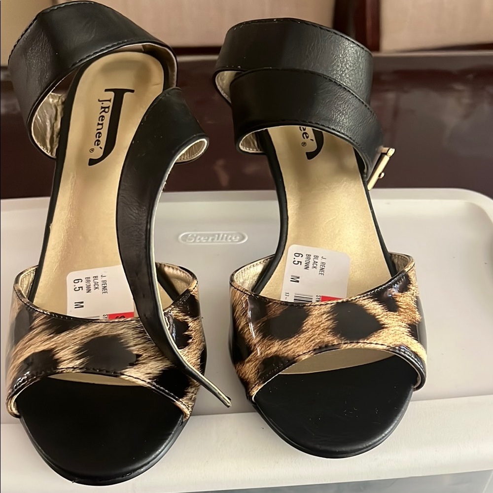 J.Renee Black and Brown Heeled Sandals with Leopard Print
